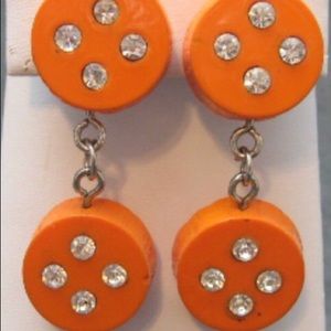 Long Orange Wooden Earrings Rhinestone